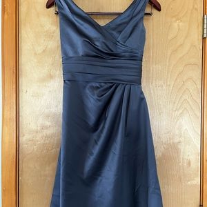 Satin gray, David’s bridal, knee length bridesmaid dress